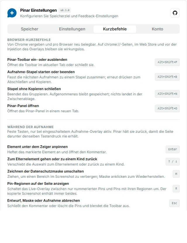 Tab Kurzbefehle der Pinar-Erweiterungsoptionen mit Browserbefehlen und Overlay-Tasten während der Aufnahme.