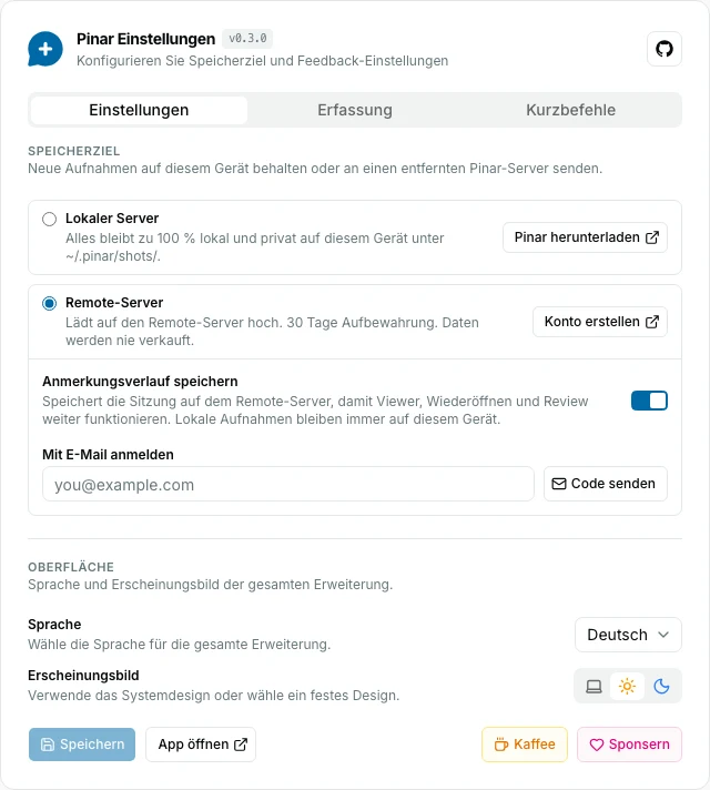 Pinar-Erweiterungsoptionen auf dem Tab Einstellungen mit lokalem und Remote-Speicher, Sprache und Design.