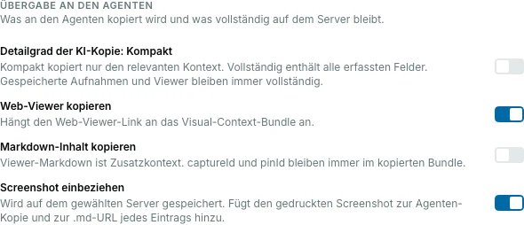Pinar-Erweiterungsoptionen auf dem Tab Erfassung mit kompaktem oder vollständigem KI-Kopierdetail und dem Schalter zum Einbeziehen des Screenshots.