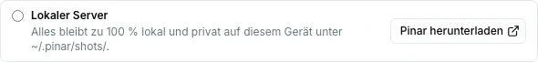 Tab Einstellungen der Pinar-Erweiterung mit der Schaltfläche Pinar herunterladen neben der Option Lokaler Server.