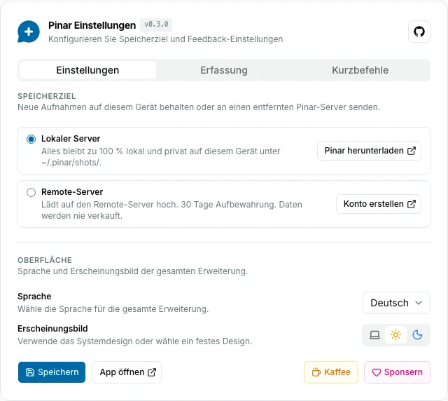 Tab Einstellungen der Pinar-Erweiterung mit ausgewähltem Lokaler Server und Captures, die auf diesem Computer bleiben.