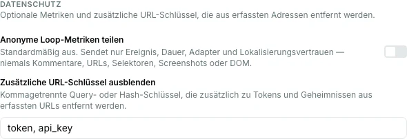 Tab Erfassung der Pinar-Erweiterung mit optionalen Loop-Metriken und zusätzlichen URL-Schlüsseln zum Ausblenden.