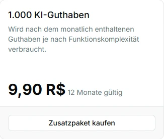 Pinar-Preis-Add-on-Karte für 500 KI-Guthaben mit Kauf und zwölfmonatiger Gültigkeit.