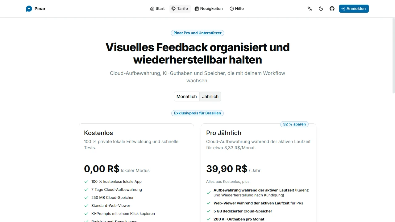 Pinar-Preisseite mit Vergleich von Free, Pro jährlich, Speicher-Add-ons und KI-Credit-Optionen.