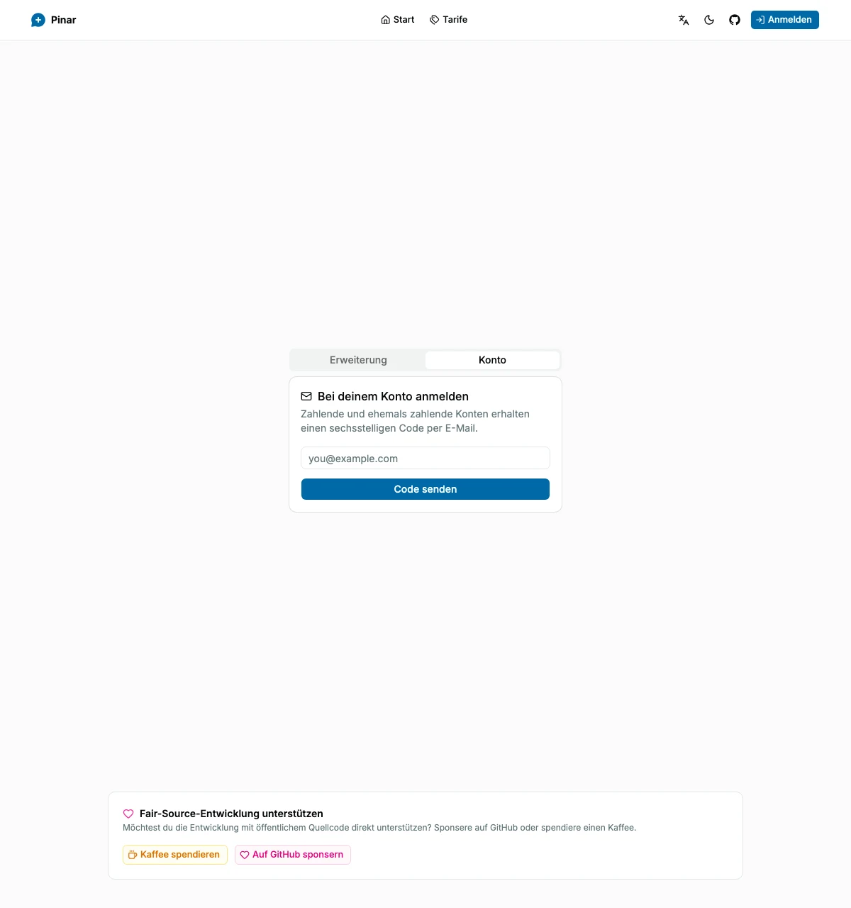 Pinar-Konto-Anmeldebildschirm mit ausgewähltem E-Mail-Code-Ablauf.