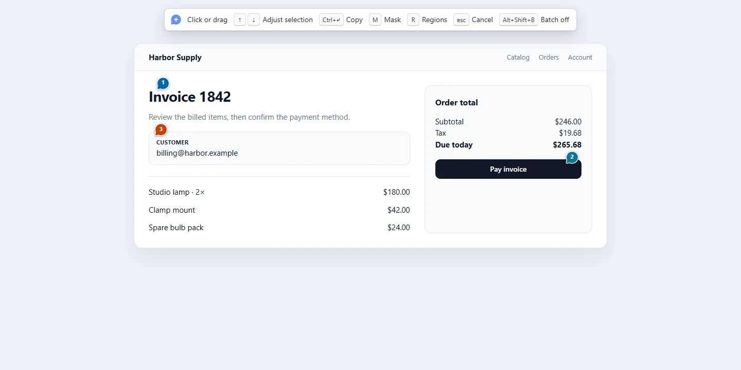 Pinar overlay with three numbered pin markers on a heading, a customer email, and a payment button.