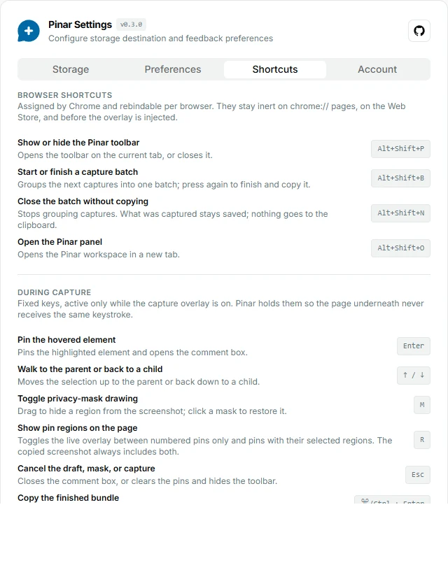 Pinar extension Shortcuts tab listing browser commands and overlay keys used during capture.