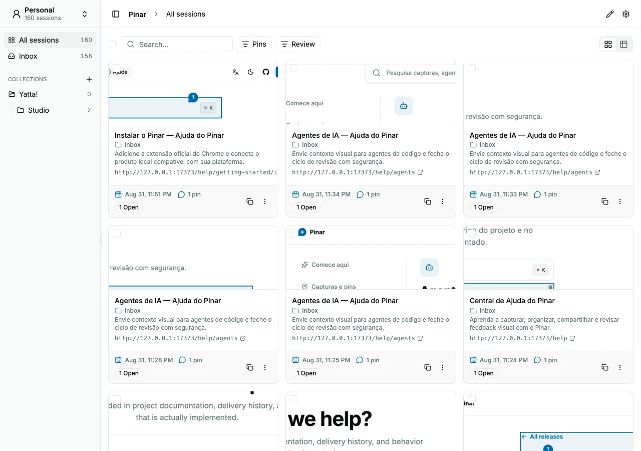 Pinar workspace with annotated session cards, pin counts, projects, collections, search, and account controls.