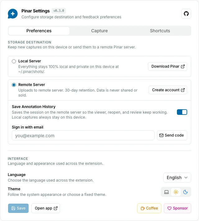 Pinar extension options on the Preferences tab, with local and remote storage choices plus language and theme controls.