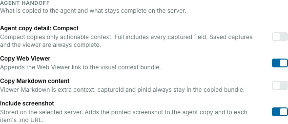 Pinar extension options on the Capture tab, showing compact or full agent copy detail and the include-screenshot switch.