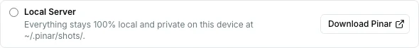 Pinar extension Preferences tab with a Download Pinar button next to the Local Server option.