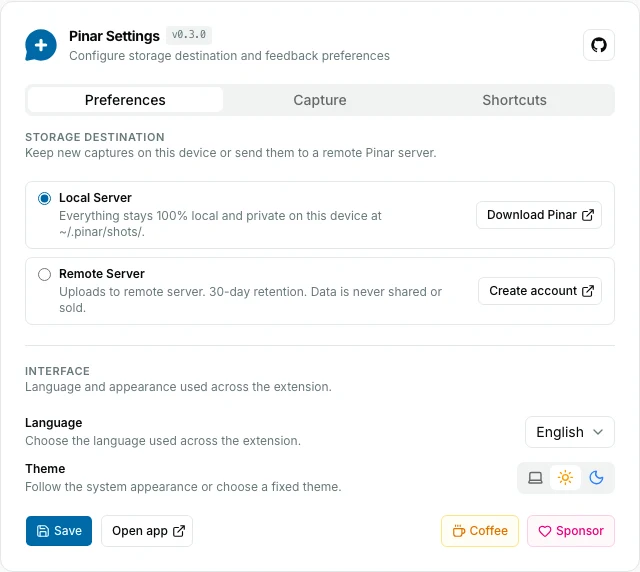 Pinar extension Preferences tab with Local Server selected and captures staying on this computer.