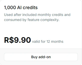 Pinar pricing add-on card for 500 AI credits with purchase and twelve-month validity.