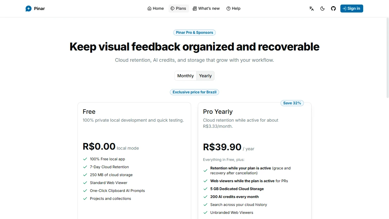 Pinar pricing page comparing Free, Pro yearly, storage add-ons, and AI credit options.