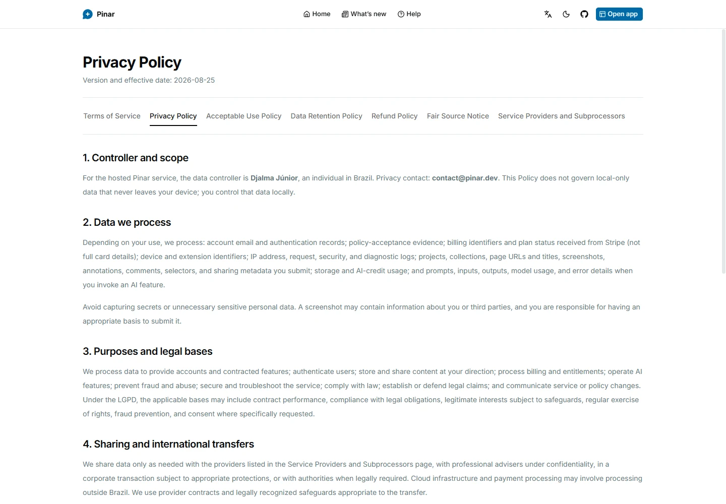 Pinar legal center with Terms, Privacy, Acceptable Use, Data Retention, Refund, Fair Source, and subprocessor documents.