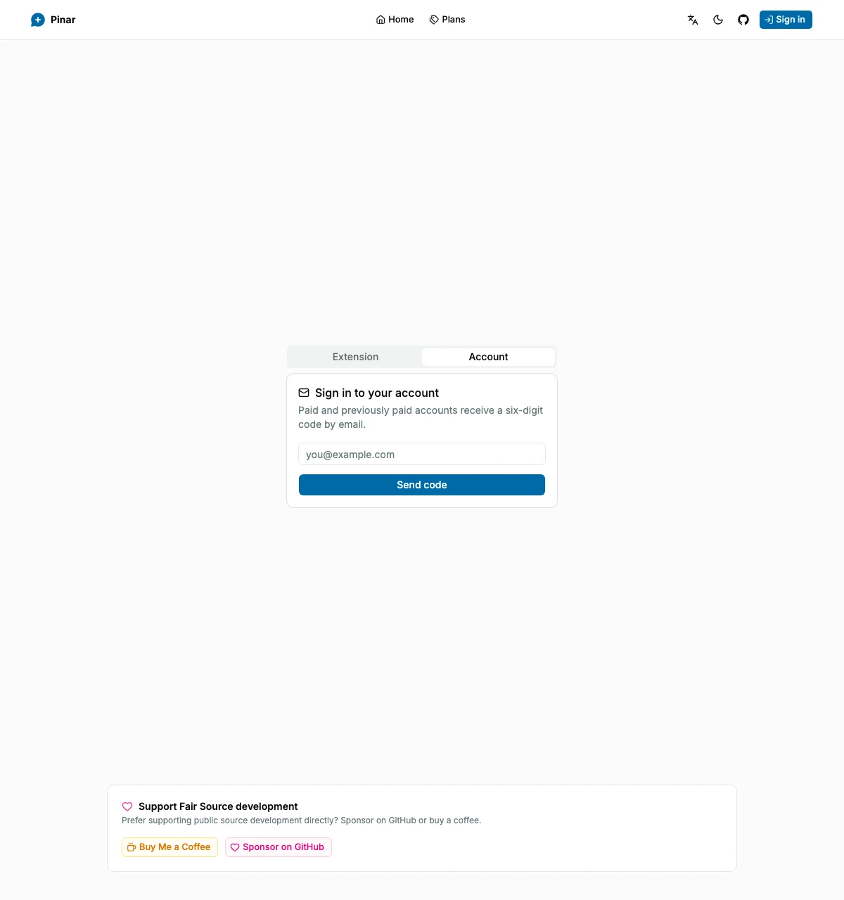 Pinar account sign-in screen with the email-code flow selected.