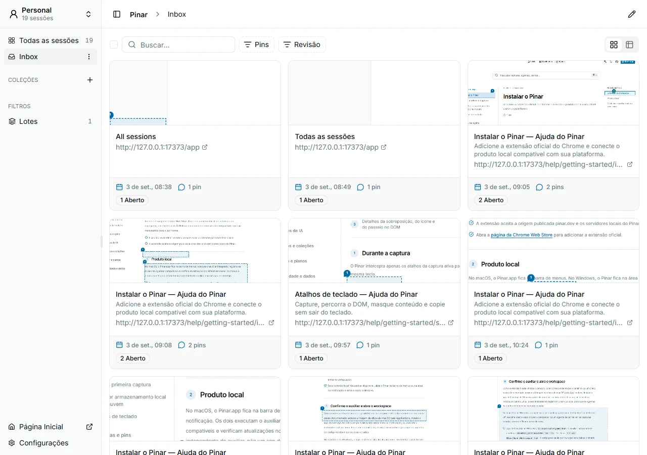 Pinar workspace sidebar with a selected collection in the project tree and the matching session cards.