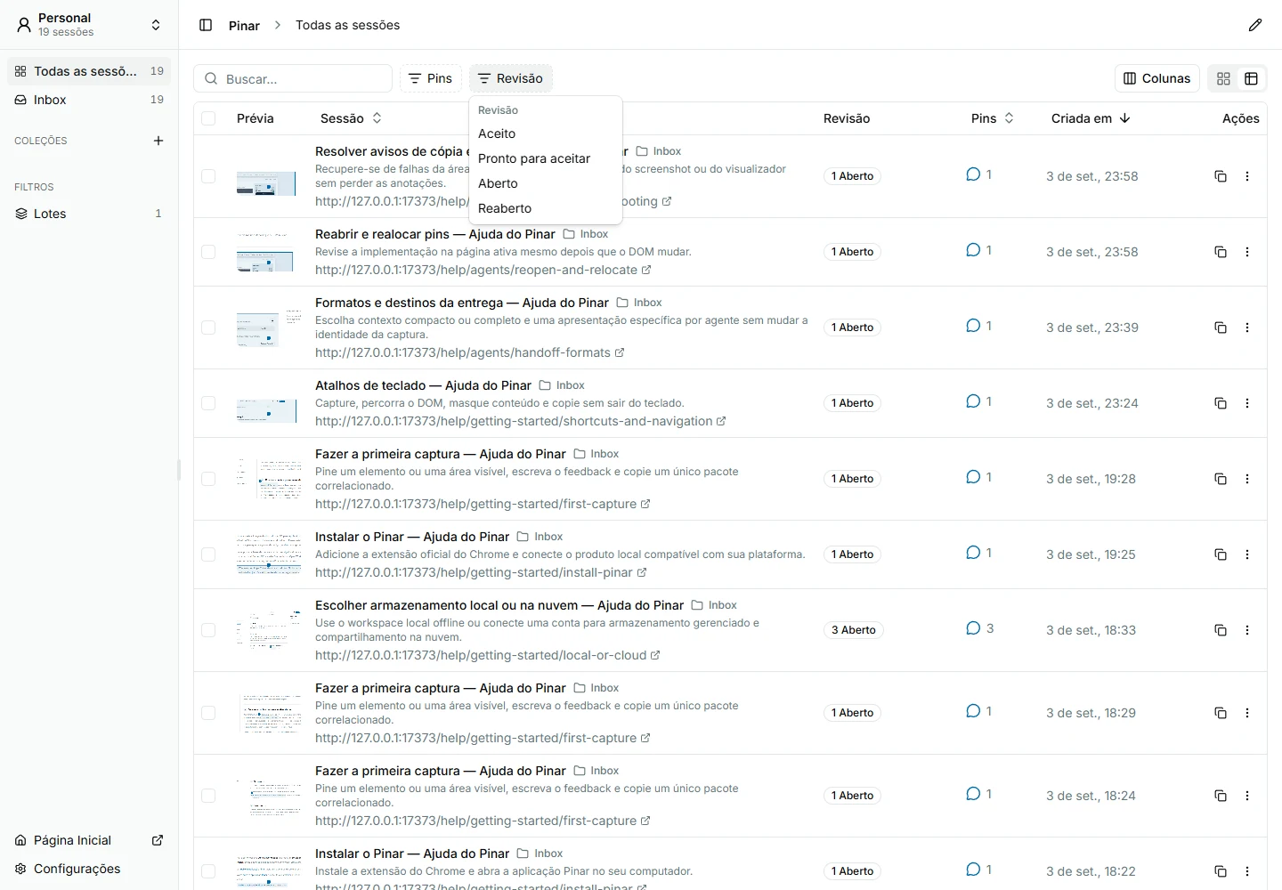 Pinar workspace table with the Review status filter open above session rows.