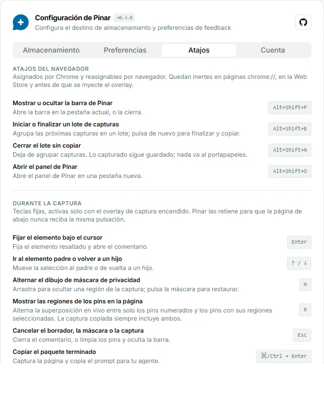 Pestaña Atajos de las opciones de la extensión Pinar, con comandos del navegador y teclas de la superposición durante la captura.