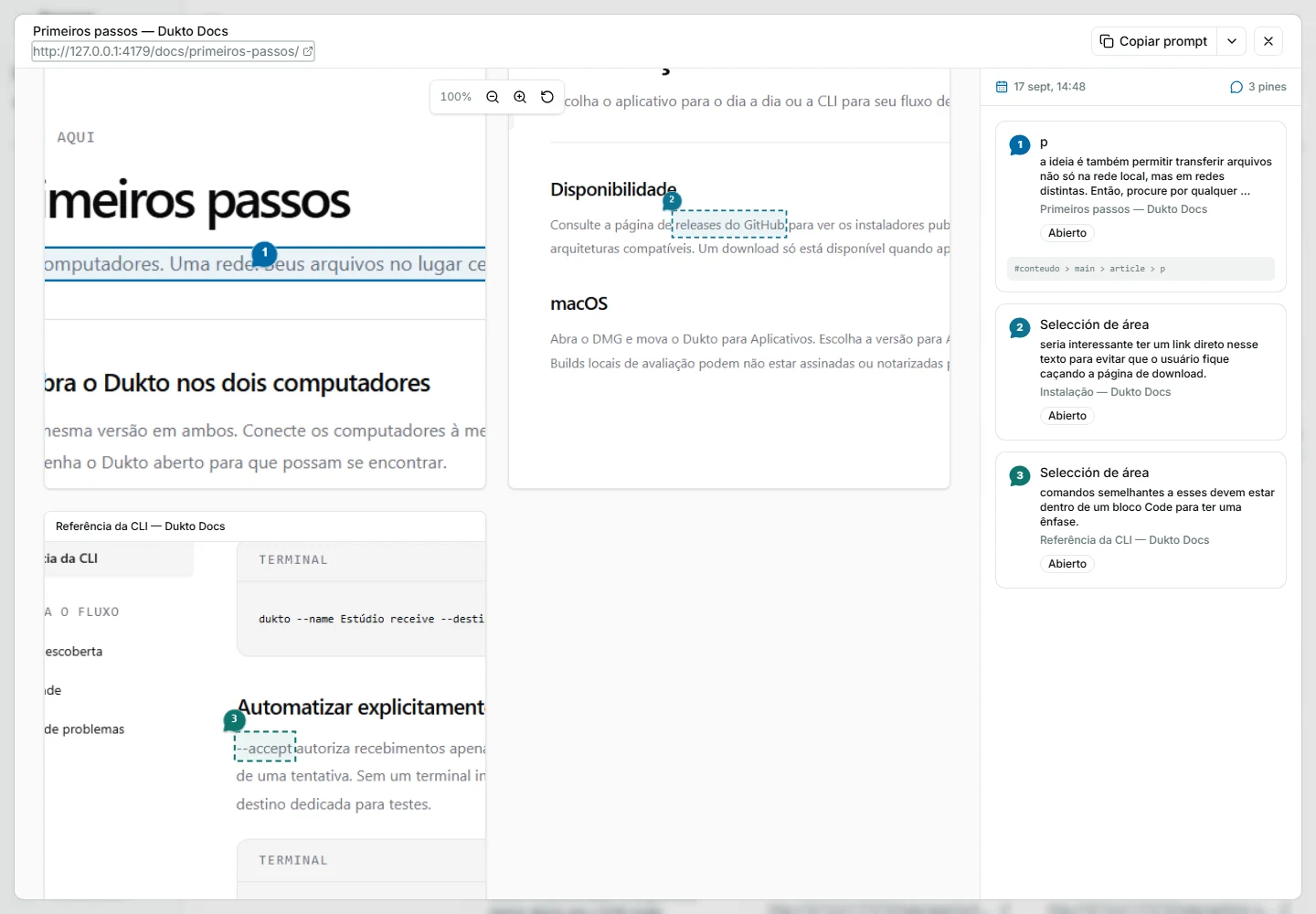 Visor de sesión de Pinar con todas las capturas anotadas en un mismo lienzo de desplazamiento y zoom y todas las notas en el panel derecho.