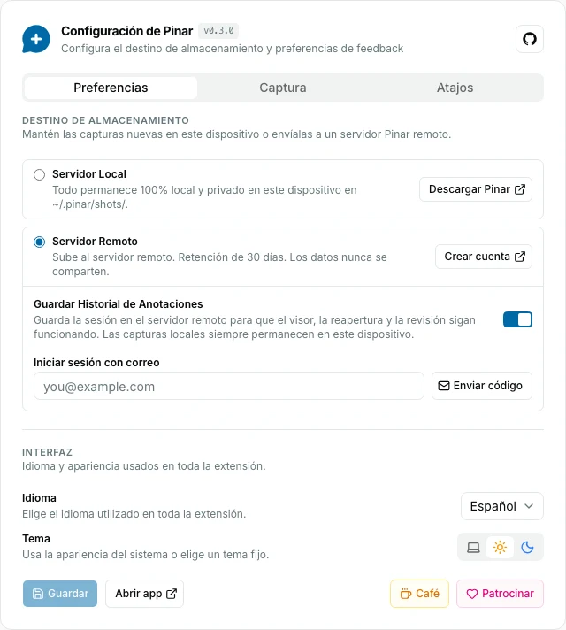Opciones de la extensión Pinar en la pestaña Preferencias, con destinos local y remoto, idioma y tema.