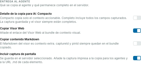 Opciones de la extensión Pinar en la pestaña Captura, con el detalle compacto o completo de la copia para IA y el interruptor de incluir captura.