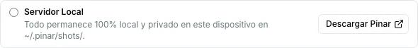Pestaña Preferencias de la extensión Pinar con el botón Descargar Pinar junto a la opción Servidor Local.