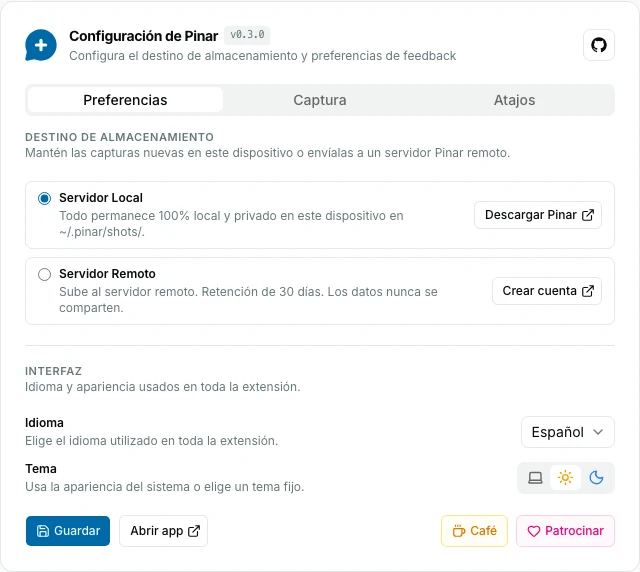 Pestaña Preferencias de la extensión Pinar con Servidor Local seleccionado y las capturas quedando en este equipo.