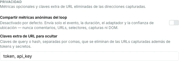 Pestaña Captura de la extensión Pinar mostrando métricas opcionales del ciclo y claves extra de URL para ocultar.