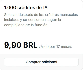 Tarjeta de complemento de la página de precios de Pinar para 500 créditos de IA, con compra y validez de doce meses.