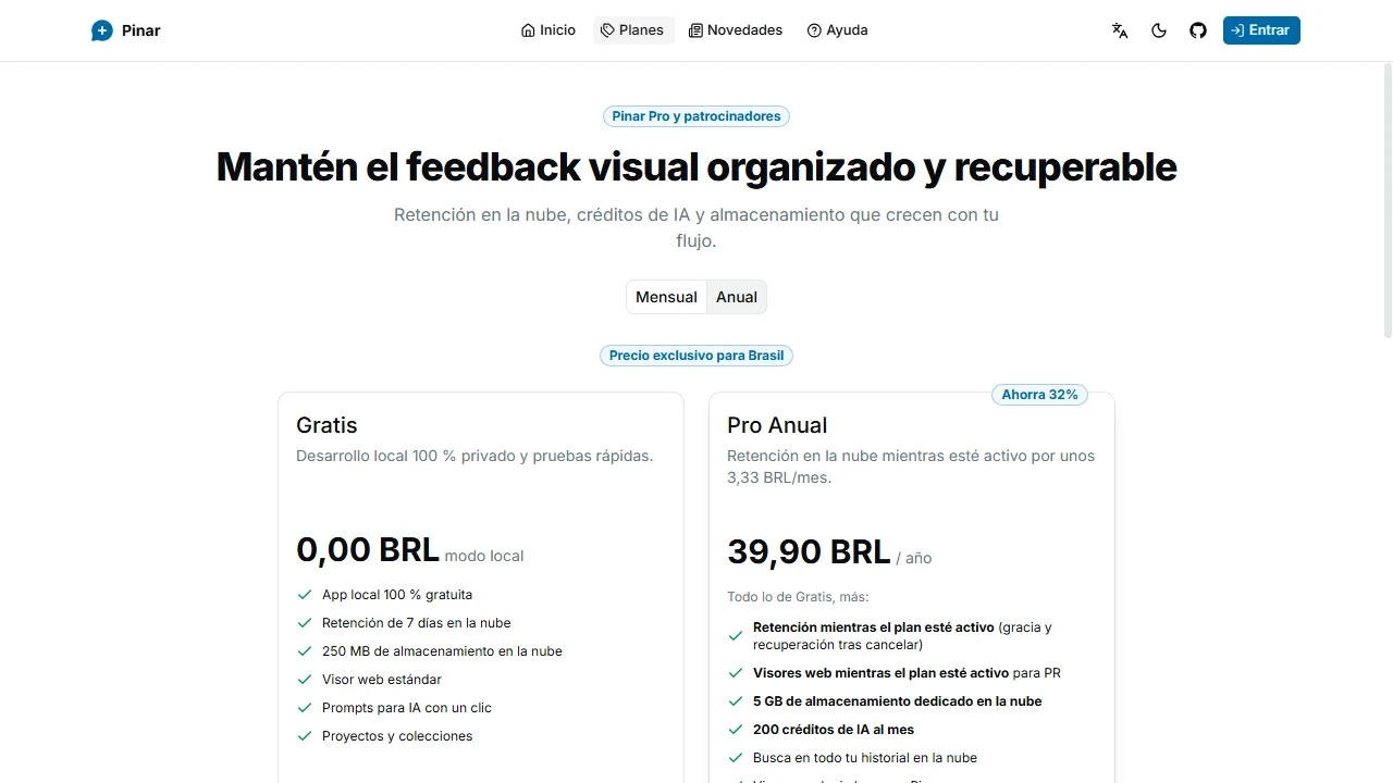 Página de precios de Pinar que compara Free, Pro anual, complementos de almacenamiento y opciones de créditos de IA.