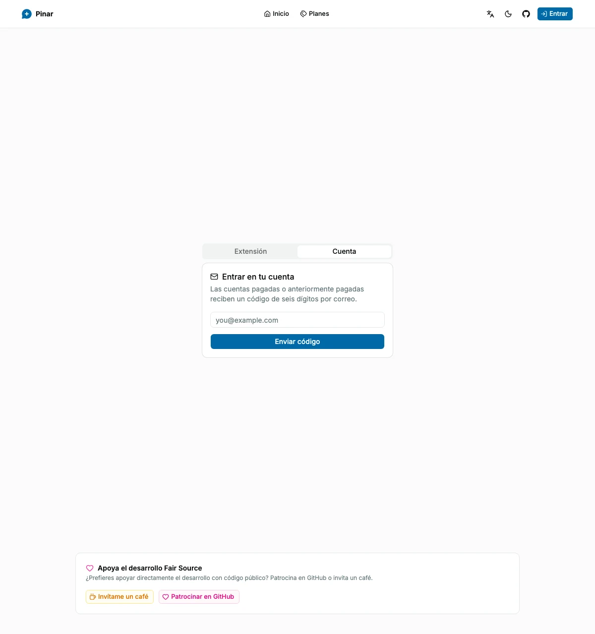 Pantalla de acceso a la cuenta de Pinar con el flujo de código por correo electrónico seleccionado.