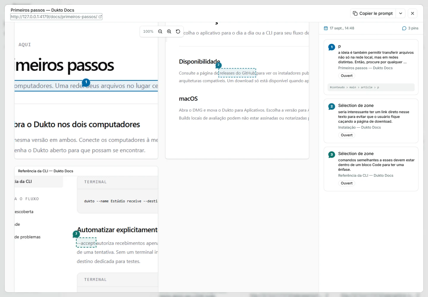 Visualiseur de session Pinar avec toutes les captures annotées sur une même surface de déplacement et zoom et toutes les notes dans le panneau droit.
