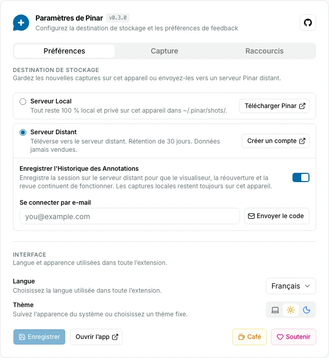 Options de l’extension Pinar sur l’onglet Préférences, avec les destinations locale et distante, la langue et le thème.