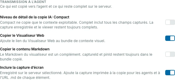 Options de l’extension Pinar sur l’onglet Capture, avec le détail compact ou complet de la copie IA et l’interrupteur d’inclusion de screenshot.