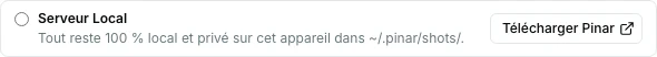 Onglet Préférences de l’extension Pinar avec le bouton Télécharger Pinar à côté de l’option Serveur Local.
