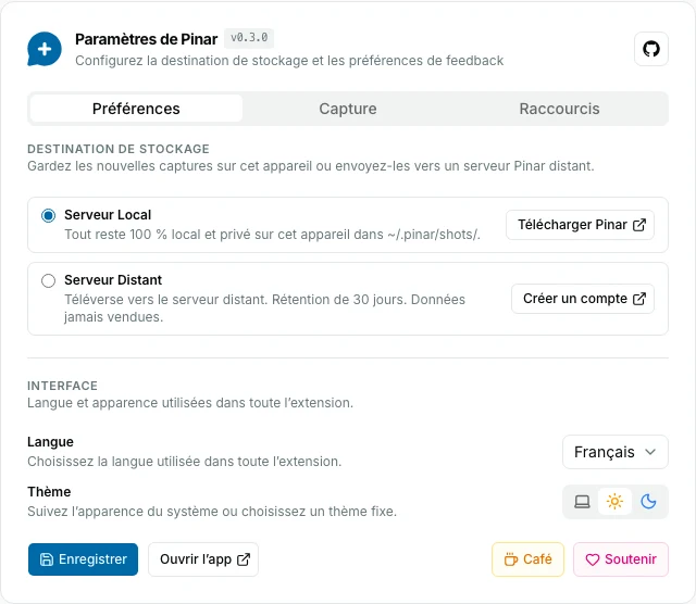 Onglet Préférences de l’extension Pinar avec Serveur Local sélectionné et les captures restant sur cet ordinateur.