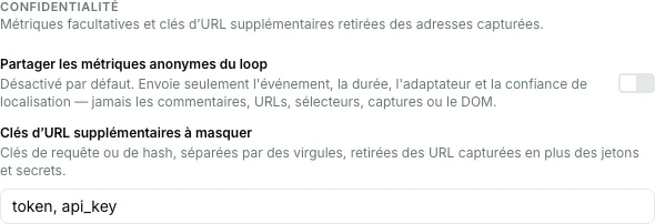 Onglet Capture de l’extension Pinar montrant les métriques de cycle facultatives et les clés d’URL supplémentaires à masquer.