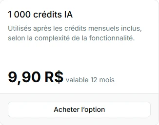 Carte d’option tarifaire Pinar pour 500 crédits IA, avec achat et validité de douze mois.