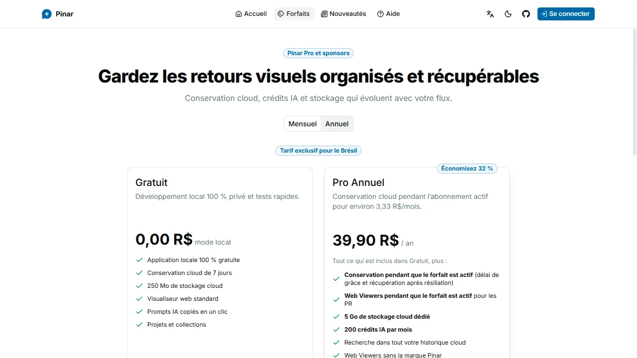 Page tarifaire Pinar comparant Free, Pro annuel, les options de stockage et les crédits IA.