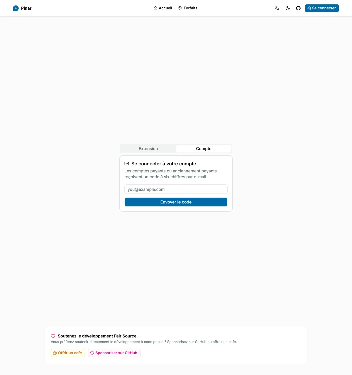 Écran de connexion au compte Pinar avec le flux de code e-mail sélectionné.