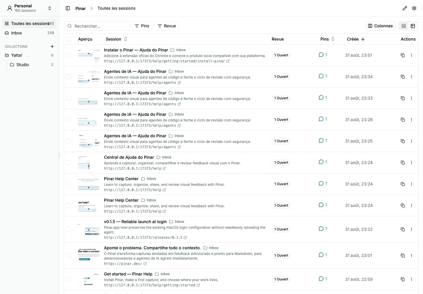 Tableau du workspace Pinar avec recherche, filtres, compteurs de pins, dates de création, pagination et actions de ligne.