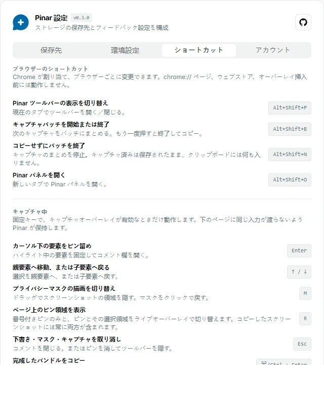 ブラウザコマンドとキャプチャ中のオーバーレイキーを並べた Pinar 拡張機能のショートカットタブ。