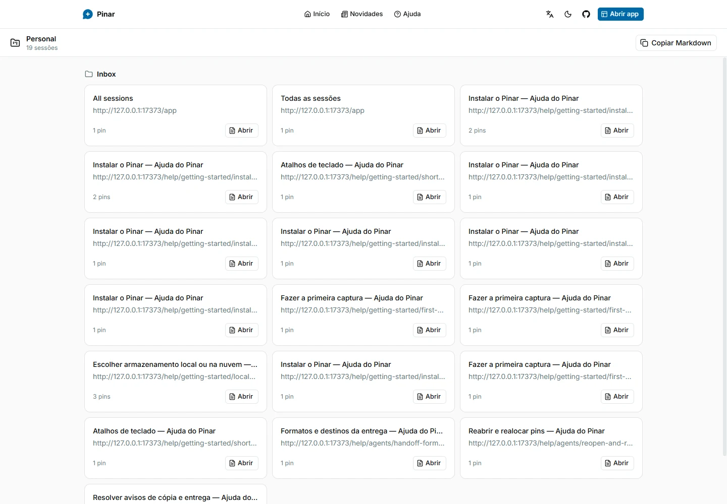 共有セッションカードの上に Markdown をコピーボタンがある、公開 Pinar プロジェクトビューアー。