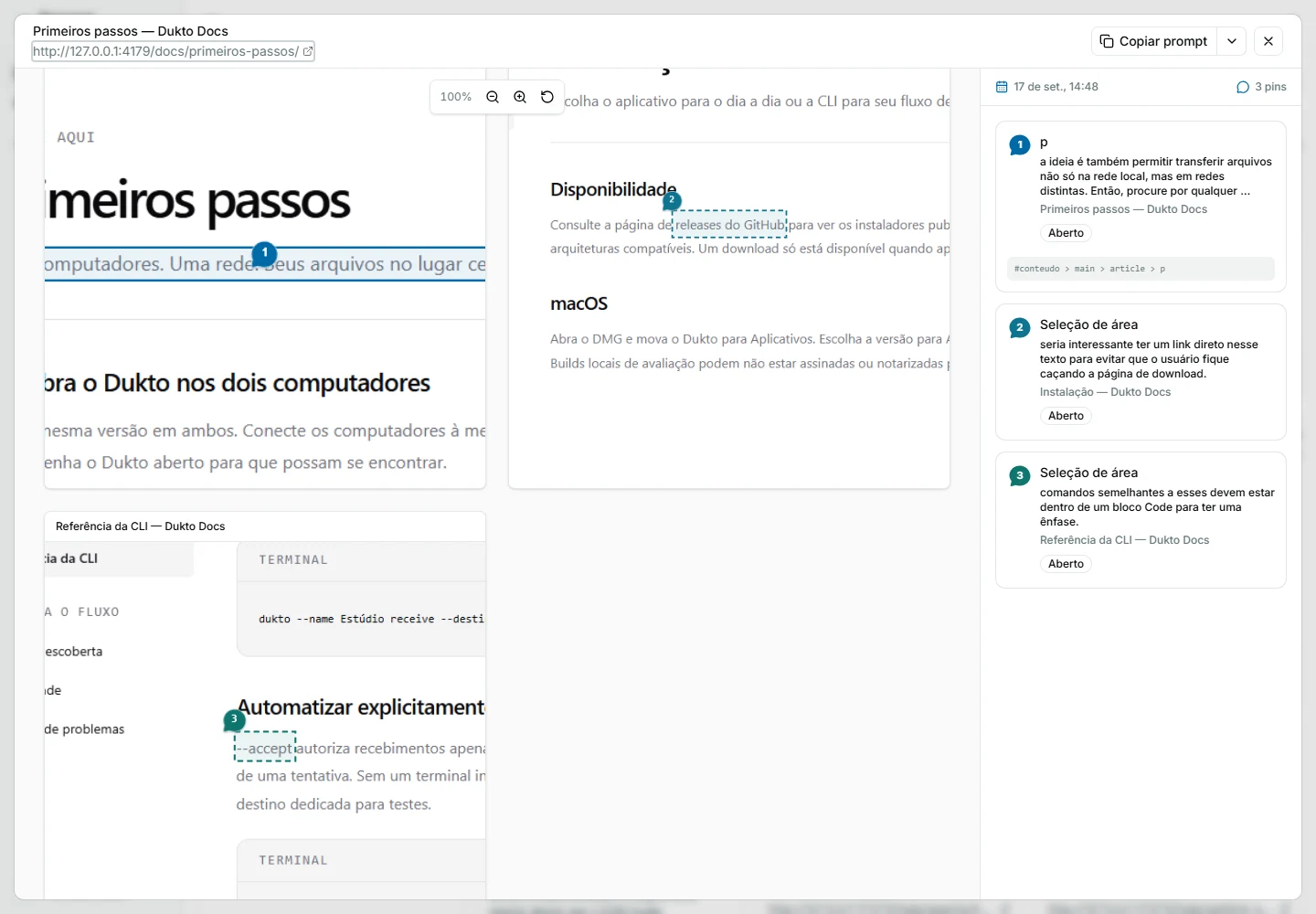Visualizador de sessão do Pinar com todos os screenshots anotados no mesmo panzoom e todos os comentários no painel direito.