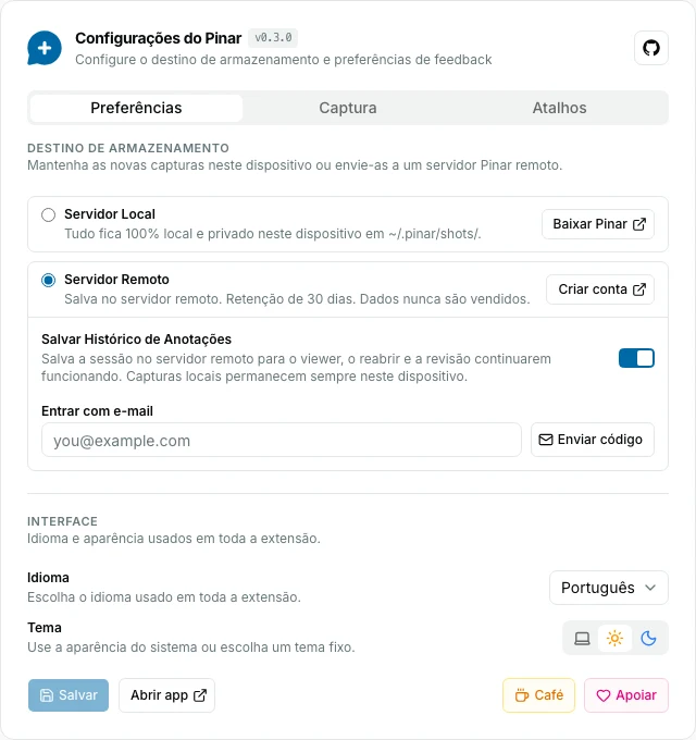 Opções da extensão Pinar na aba Preferências, com destinos local e remoto, idioma e tema.