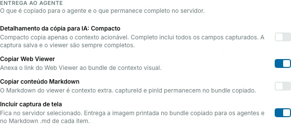 Opções da extensão Pinar na aba Captura, com o detalhamento compacto ou completo da cópia para IA e o interruptor de incluir captura de tela.