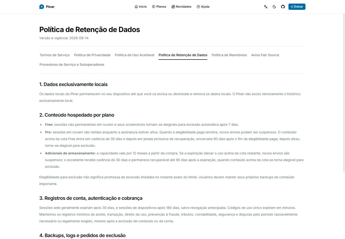 Central jurídica do Pinar aberta no documento de Retenção de Dados.