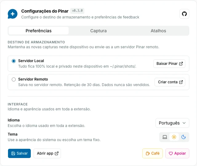 Aba Preferências da extensão Pinar com Servidor Local selecionado e as capturas ficando neste computador.