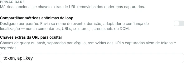 Aba Captura da extensão Pinar mostrando métricas opcionais do ciclo e chaves extras de URL para ocultar.